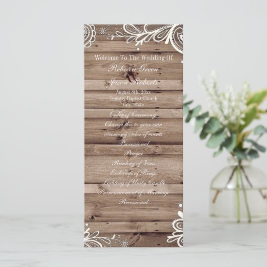 Wervelt kant schuur hout land bruiloft programma programmakaart (Staand voorkant)