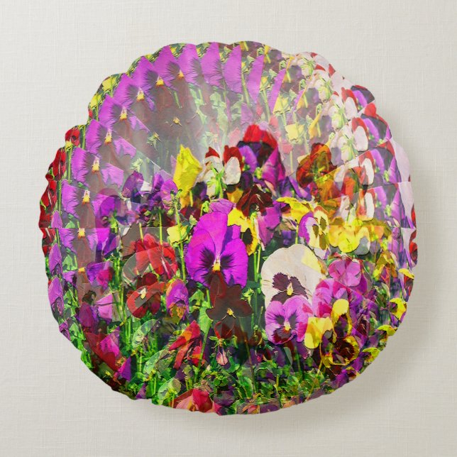 Wervelwind van Pansies.... Rond Kussen (Voorkant)