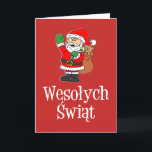 Wesolych Swiat Poolse kerstkerstkerstkerstkerstker Feestdagen Kaart<br><div class="desc">Wesolych Swiat schattige kaart met een cartoon Santa. Het is op een rode achtergrond. Binnenzijde is leeg. Zeg vrolijk kerstfeest in het Pools met deze schattige kaart. Geweldig voor een Poolse familie tijdens de feestdagen.</div>