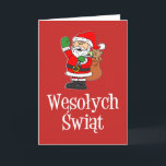 Wesolych Swiat Poolse kerstkerstkerstkerstkerstker Feestdagen Kaart<br><div class="desc">Wesolych Swiat schattige kaart met een cartoon Santa. Het is op een rode achtergrond. Binnenzijde is leeg. Zeg vrolijk kerstfeest in het Pools met deze schattige kaart. Geweldig voor een Poolse familie tijdens de feestdagen.</div>