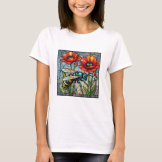 Wesp hoornaar bij gebrandschilderde klaproos bloem t-shirt