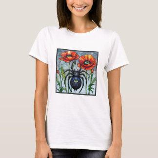 Wesp hoornaar bij gebrandschilderde klaproos bloem t-shirt