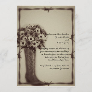 West Boot Daisy Bouquet Vintage Wedding Invitation Kaart