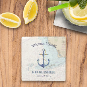 West FL Nautical Anchor & Boat Name Welcome Aboard Stenen Onderzetter