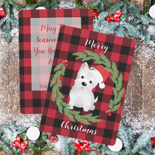 West Highland-hond met kerstmuts Buffalo Plaid Feestdagenkaart
