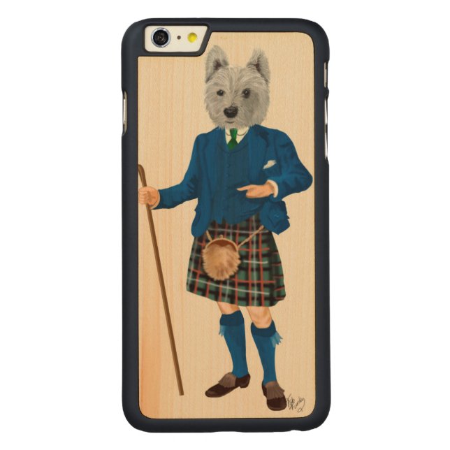 West Highland Terrier in Kilt Carved Wood iPhone Hoesje (Achterkant)
