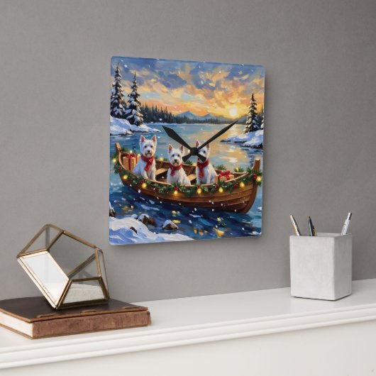 West Highland White Terrier Christmas Boat Holiday Vierkante Klok (Kantoor)