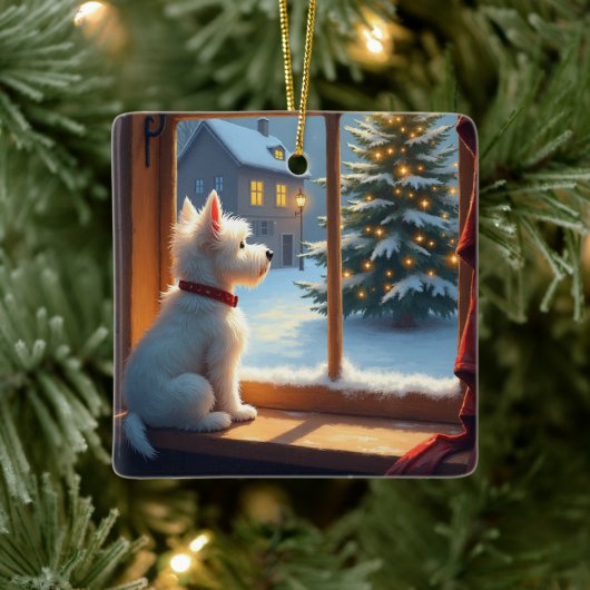 West Highland White Terrier Christmas Morning View Keramisch Ornament (Boom)
