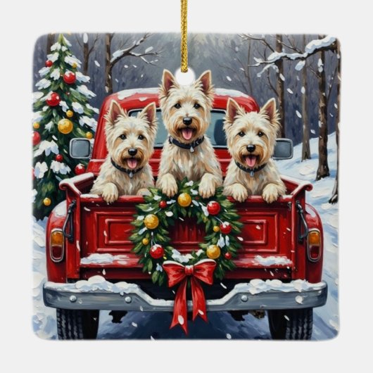 West Highland White Terrier Christmas Red Truck Keramisch Ornament (Achterkant)