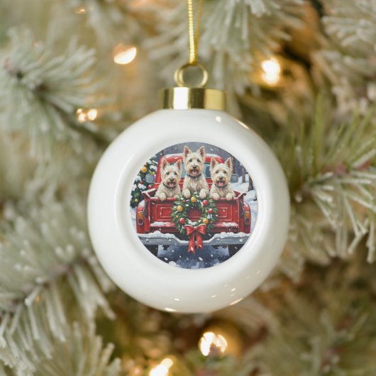 West Highland White Terrier Christmas Red Truck Keramische Bal Ornament (Boom)