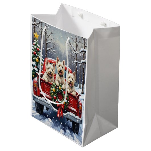 West Highland White Terrier Christmas Red Truck Medium Cadeauzakje (Voorkant Gekanteld)