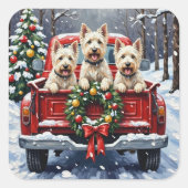 West Highland White Terrier Christmas Red Truck Vierkante Sticker (Voorkant)