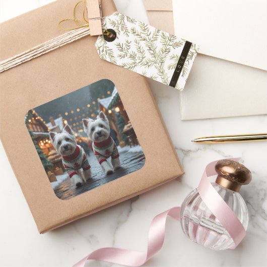 West Highland White Terrier Dogs Christmas Snow  Vierkante Sticker (Geschenken)