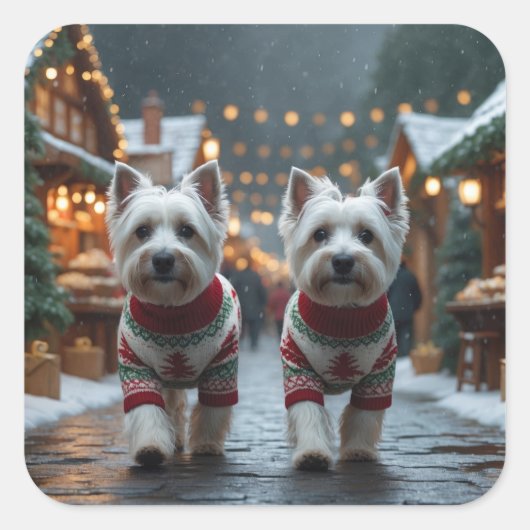 West Highland White Terrier Dogs Christmas Snow  Vierkante Sticker (Voorkant)