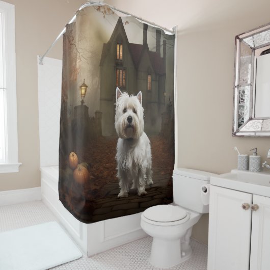West Highland White Terrier Halloween Scary Douchegordijn (In situ)