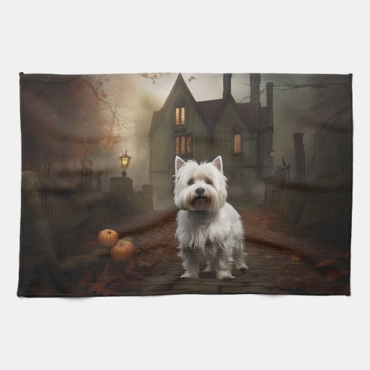 West Highland White Terrier Halloween Scary Theedoek (Horizontaal)