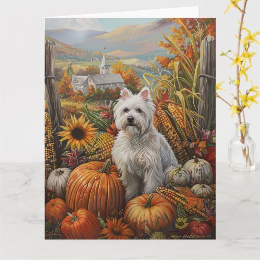 West Highland White Terrier Herfst Thanksgiving Kaart (Gele Bloem)
