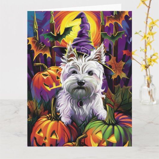 West Highland White Terrier Hond Halloween Heks Kaart (Gele Bloem)