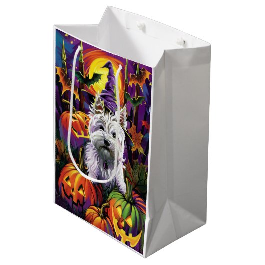 West Highland White Terrier Hond Halloween Heks Medium Cadeauzakje (Voorkant Gekanteld)