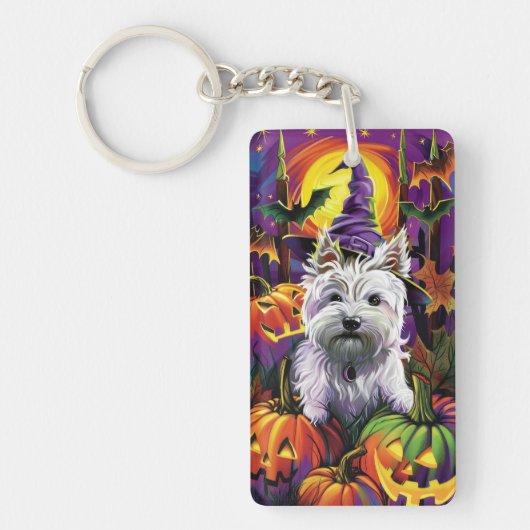 West Highland White Terrier Hond Halloween Heks Sleutelhanger (Voorkant)