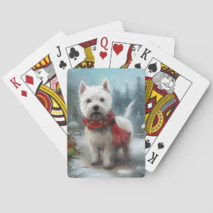 West Highland White Terrier-hond in de sneeuw met  Pokerkaarten