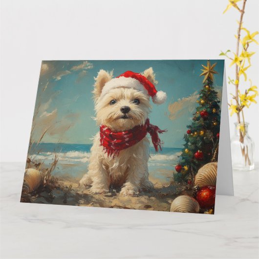 West Highland White Terrier Hond Kerststrand Kaart (Gele Bloem)