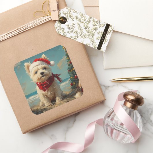 West Highland White Terrier Hond Kerststrand Vierkante Sticker (Geschenken)