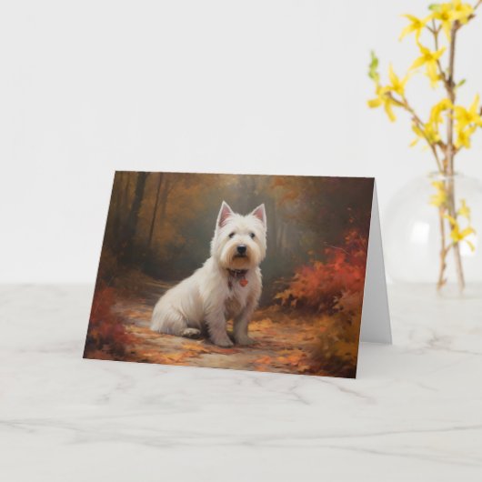 West Highland White Terrier in de herfst laat Herf Kaart (Gele Bloem)
