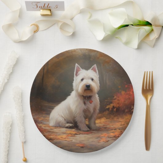 West Highland White Terrier in de herfst laat Herf Papieren Bordje (Huwelijk)