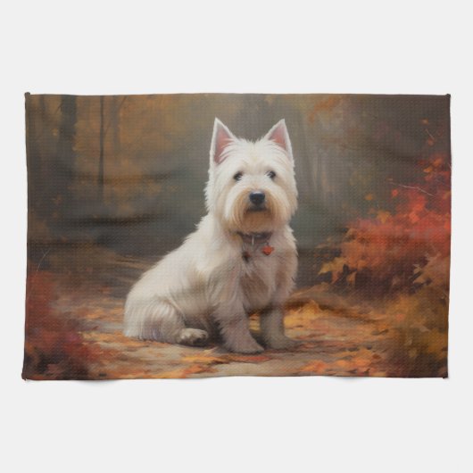 West Highland White Terrier in de herfst laat Herf Theedoek (Horizontaal)