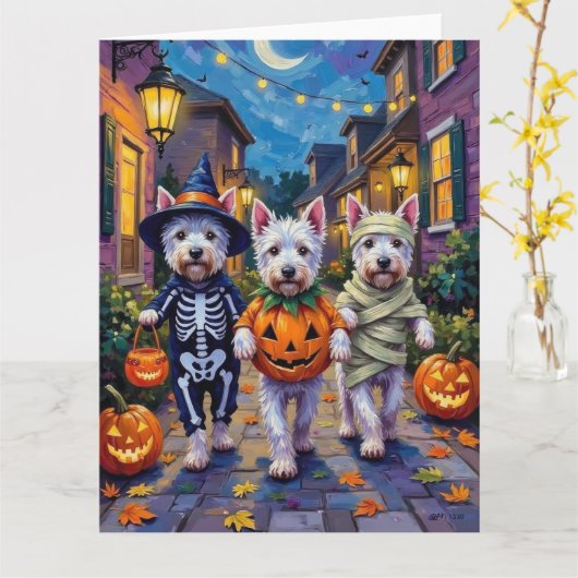 West Highland White Terrier In Halloween Costumes Kaart (Gele Bloem)