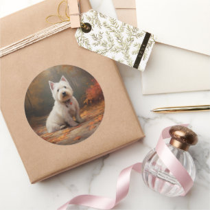 West Highland White Terrier in herfstbladeren val Ronde Sticker