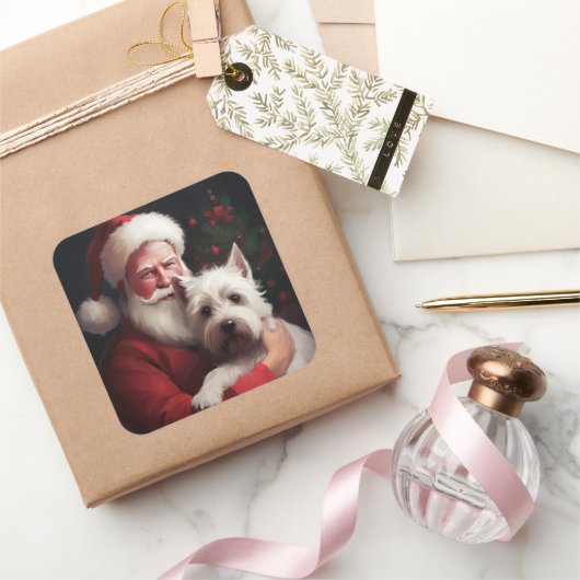West Highland White Terrier Kerstman Kerstmis Vierkante Sticker (Geschenken)