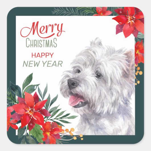 West Highland White Terrier Poinsettia Border Vierkante Sticker (Voorkant)
