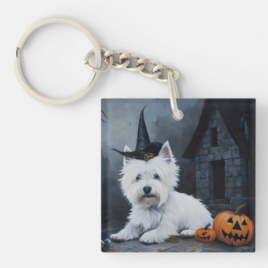 West Highland White Terrier Pompoen Halloween Sleutelhanger (Voorkant)