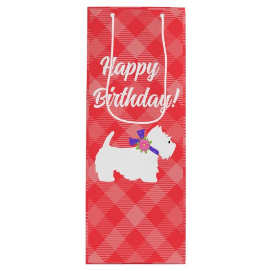 West Highland White Terrier Red Plaid Wijn Cadeautas (Voorkant)