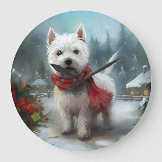 West Highland Witte Terriër Hond in Sneeuw Kerstmi Grote Klok (Voorkant)