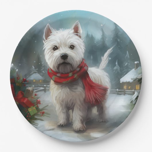 West Highland Witte Terriër Hond in Sneeuw Kerstmi Papieren Bordje (Voorkant)