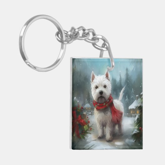 West Highland Witte Terriër Hond in Sneeuw Kerstmi Sleutelhanger (Voorkant Links)