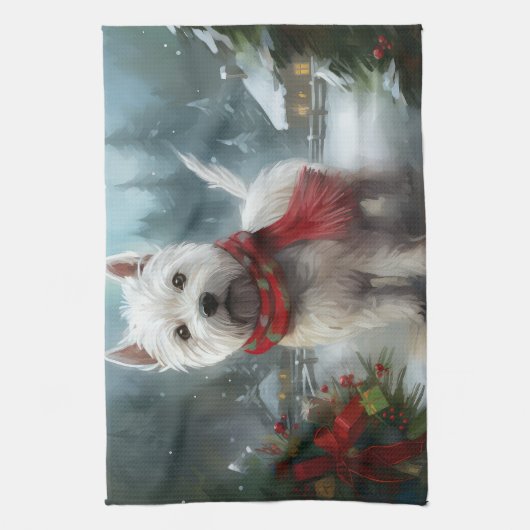 West Highland Witte Terriër Hond in Sneeuw Kerstmi Theedoek (Verticaal)