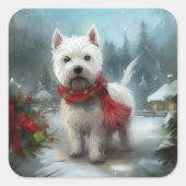 West Highland Witte Terriër Hond in Sneeuw Kerstmi Vierkante Sticker (Voorkant)