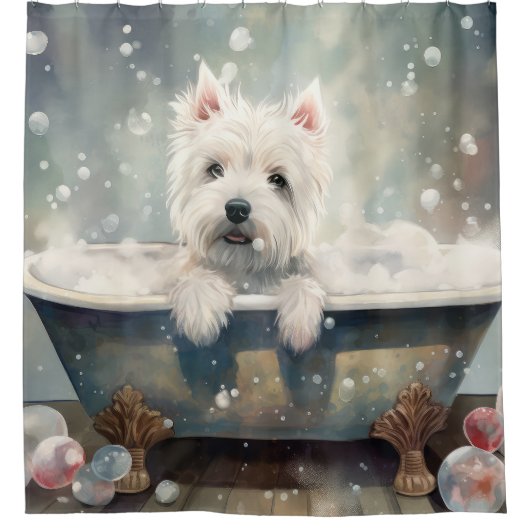 West Highland Witte Terriër in bad Douchegordijn (Voorkant)