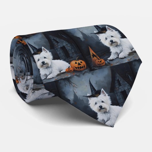 West Highland Witte Terriër Pompoen Halloween Stropdas (Opgerold)