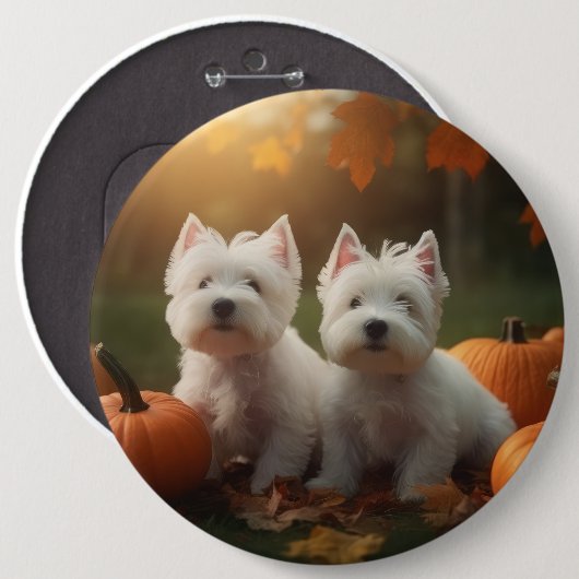 West Highland Witte Terriër Puppy Herfst Pompoen Ronde Button 6,0 Cm (Voorkant /achterkant)