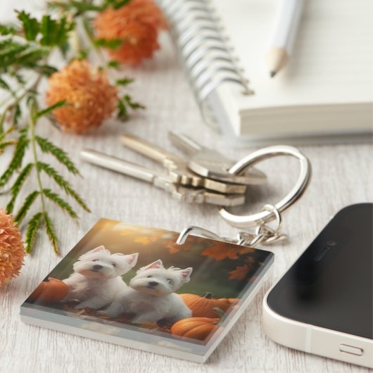 West Highland Witte Terriër Puppy Herfst Pompoen Sleutelhanger (Voorkant Rechts)