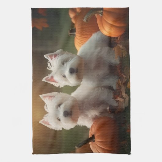 West Highland Witte Terriër Puppy Herfst Pompoen Theedoek (Verticaal)