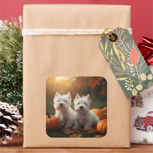West Highland Witte Terriër Puppy Herfst Pompoen Vierkante Sticker (Feestdagen)
