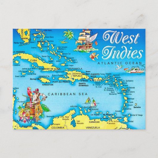West Indies Eilanden Kaart Ansichtkaart (Voorkant)