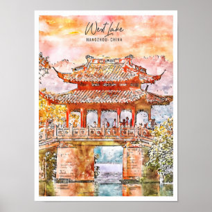 West Lake Hangzhou China vintage reizen waterverf Poster