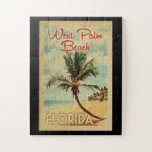 West Palm Beach Palm Tree Vintage Travel Legpuzzel<br><div class="desc">Een unieke retro mid-eeuwse moderne West Palm Beach Florida-kunst van het oude poster. Het bevat een gebogen palmboom op zandige stranden met oceaan onder een blauwe troebele hemel.</div>